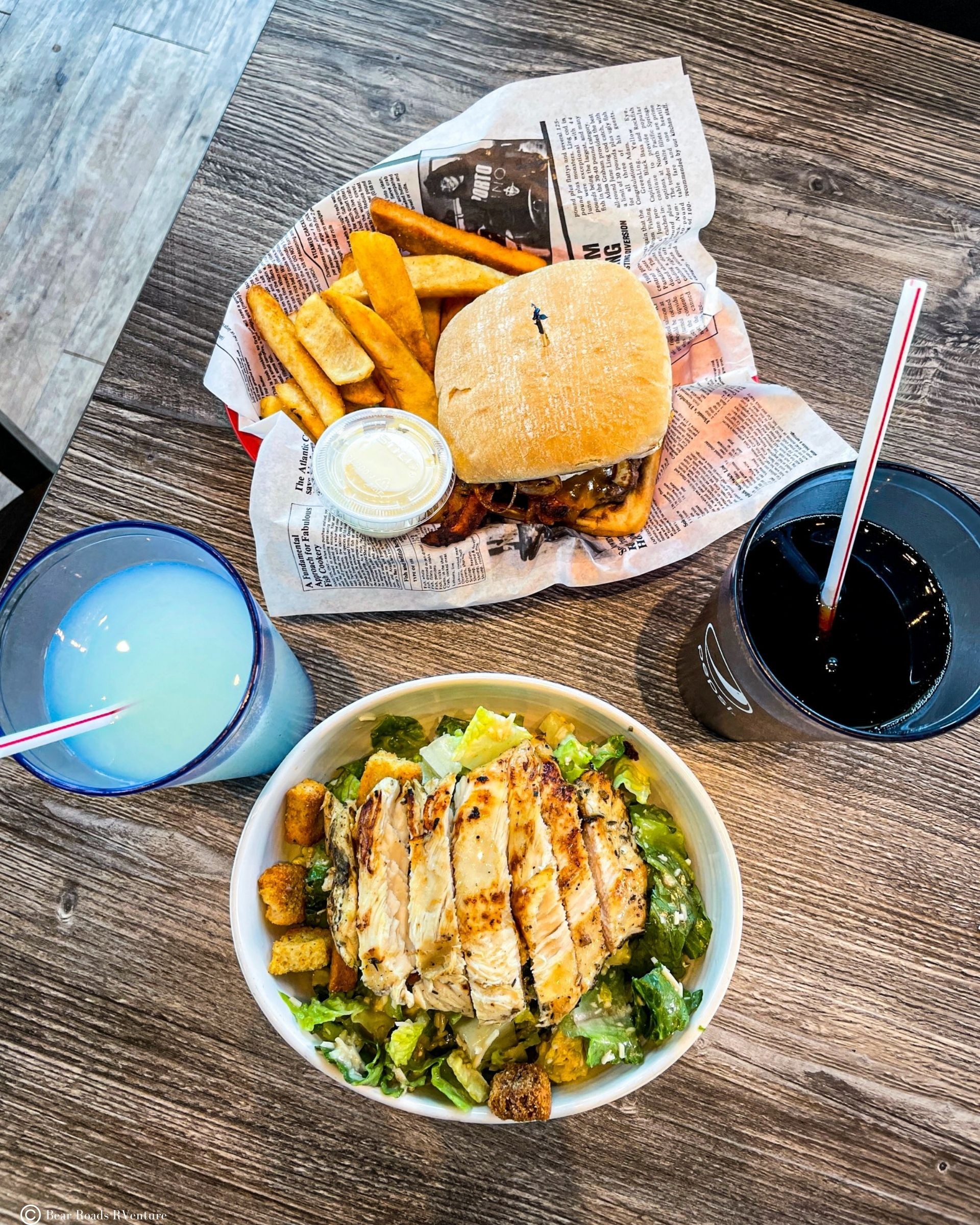 Chicken Ceasar and the famous Jalapeno popper burger